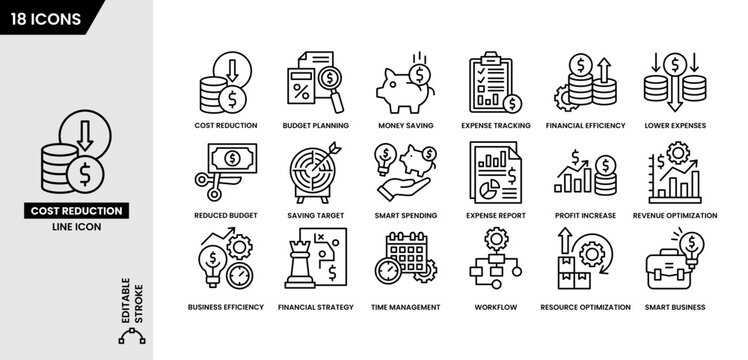 Cost reduction line icon set editable stroke for Budget planning, Money saving, Expense tracking, Financial efficiency and Smart spending