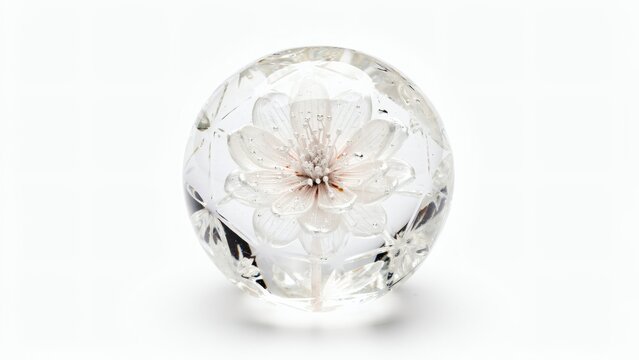 A close-up photo of a crystal paperweight with a flower design on a white surface