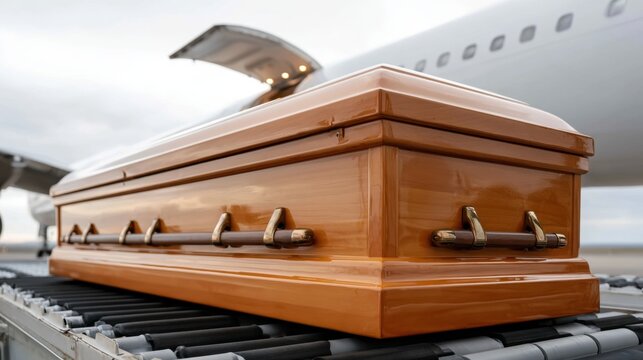 Wooden coffin on conveyor belt being loaded into airplane luggage hold for transportation during funeral or repatriation process at airport terminal