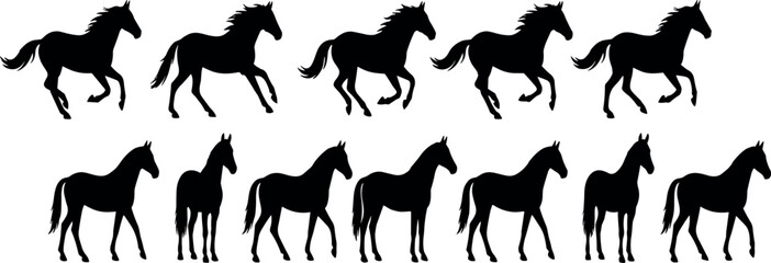 Black Horse Silhouette Icon Set Minimal Vector Illustration For Equestrian Ranch Animal And Farm Design © MstAduri