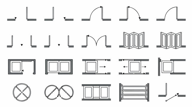 Architectural door and window symbols for floor plans, technical blueprint vector icons set, construction design elements for interior layout