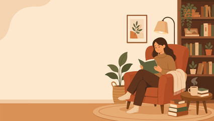 Fototapeta premium Cozy Reading Nook: A young woman enjoys a peaceful moment engrossed in a book while comfortably seated in an armchair within a warm, inviting living space filled with plants and bookshelves.