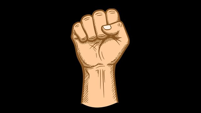 hand drawn style 2d animation of a clenched fist raised in protest or victory with transparent alpha channel background for linear video overlay editing layout