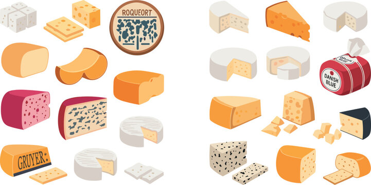 Diverse Gourmet Cheese Varieties Vector Illustration Set Featuring Cheddar Gouda Roquefort Camembert and Blue Cheese Clipart for Menu Food and Culinary Designs