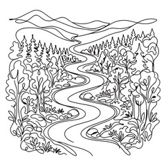 Obraz premium Forest River Path Scenic Line Drawing