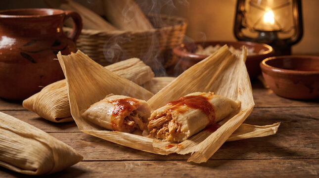 Traditional Mexican tamales with spicy salsa on rustic wooden table