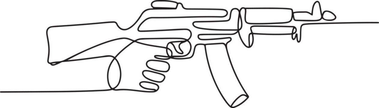 Continuous one line drawing of Hand holding gun. Single line drawing illustration of Holds a machine gun. one line art icon drawing vector
