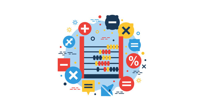 Colorful Mathematics Illustration with Abacus and Arithmetic Symbols for Education, Accounting, and Business Concepts