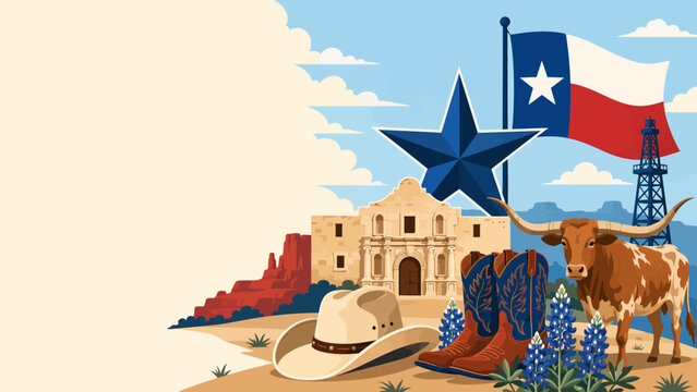 Texas Icons Montage: A vibrant collage celebrating the spirit of Texas, featuring iconic symbols like the Alamo, a longhorn steer, cowboy boots, a Stetson hat, bluebonnets, a Texas flag.