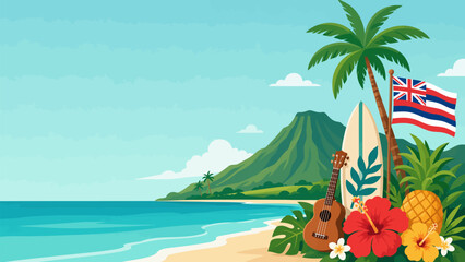 Hawaiian Paradise: A tropical beach scene with palm trees, surfboards, a ukulele, and hibiscus flowers sets the stage for an idyllic vacation, embodying the spirit of Aloha. © Ahmed