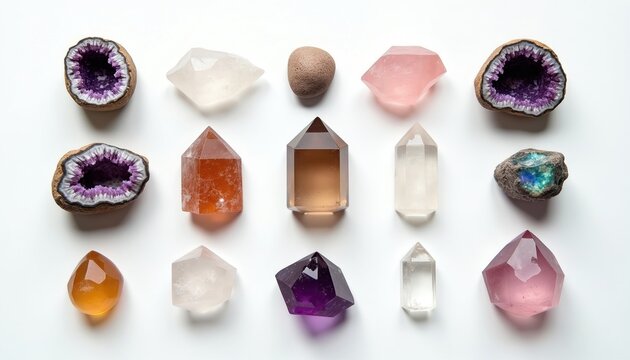 Assortment of natural healing crystals and gemstones like amethyst geode, quartz points, and rose quartz. Various rough and polished stones arranged on white surface for spiritual and reiki practices.