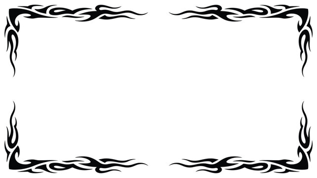 Tribal flame border vector frame with black abstract fire patterns on corners isolated on white background for graphic design
