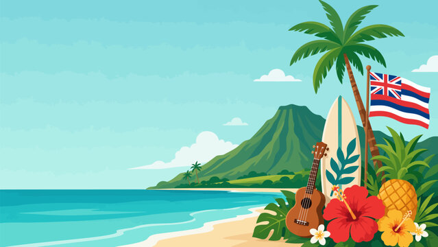 Hawaiian Paradise: A tropical beach scene with palm trees, surfboards, a ukulele, and hibiscus flowers sets the stage for an idyllic vacation, embodying the spirit of Aloha.