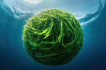 Obraz premium animals by ai, circular pile building green algae sphere underwater, surface in background, photorealistic
