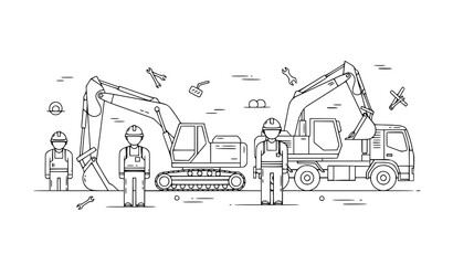 Construction site illustration with workers excavators and dump trucks © Ms