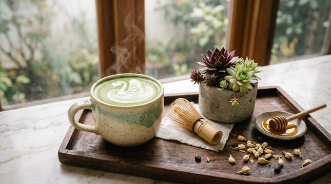 Steaming matcha latte in a ceramic mug on a wooden tray with honey and succulents nearby
