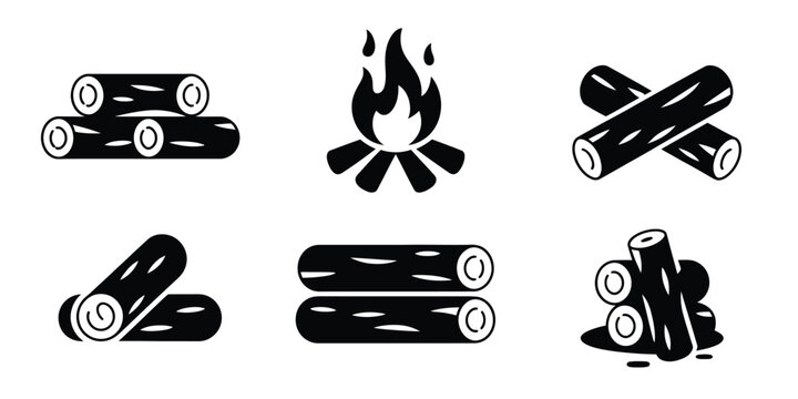 Campfire and firewood log icons vector set with black isolated silhouettes of timber stacks and burning bonfire for camping