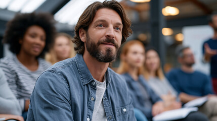 Fototapeta premium A diverse cohort of early-stage entrepreneurs seated in a circle inside a converted warehouse accelerator space, overcast dramatic sky visible through skylights, notebooks open, mentor gesturing at 