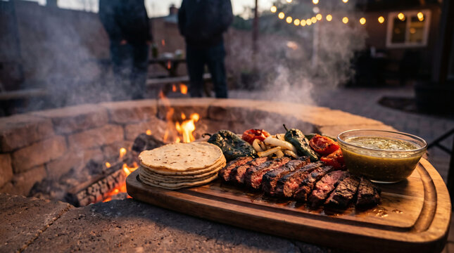Carne asada platter with tortillas and salsa by an outdoor fire pit