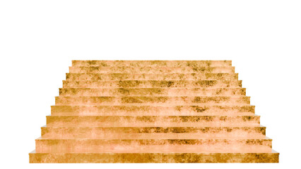 Fototapeta premium 3D render of golden metallic stairs in symmetrical ascending pattern, textured reflective surface with bronze tones, isolated on transparent background, symbol of progress and achievement. png