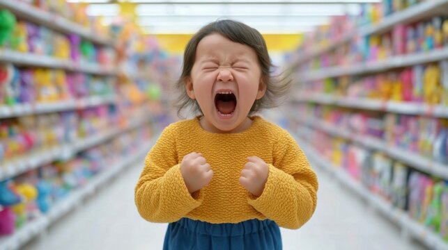 Frustrated toddler girl screaming loudly with clenched fists standing in colorful aisle of a busy retail store or supermarket with shelves full of products