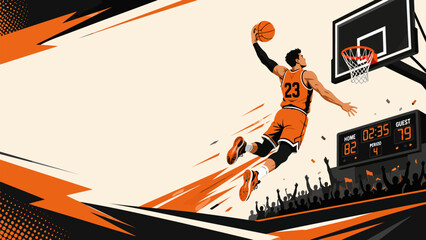 Basketball Slam Dunk Championship: An athletic player soars through the air, executing a powerful slam dunk during an intense basketball championship game. © Ahmed