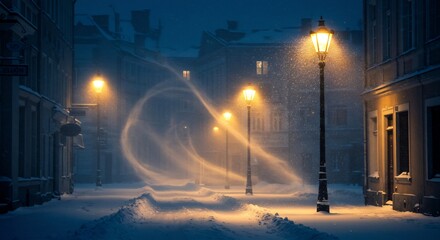 Obraz premium しんしんと降り続く雪が古い石造りの建物が立ち並ぶ深夜の街路を覆い隠す 暖色の街灯が煌々と灯り 冷たい風に舞い上がる粉雪を黄金色の光で幻想的に照らし出す 美しくも寂寥感が漂う凍える冬の夜に現れた魔法のような風景. AI Generated