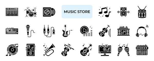 Music Store Icon set Collection in Solid Glyph Style. guitar, piano, drums, speaker, studio, concert, media, concert, audio © Auric