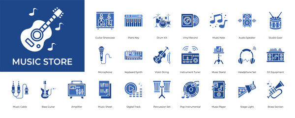 Music Store Icon set Collection in Glyph Two Color Style. guitar, piano, drums, speaker, studio, concert, media, concert, audio © Auric