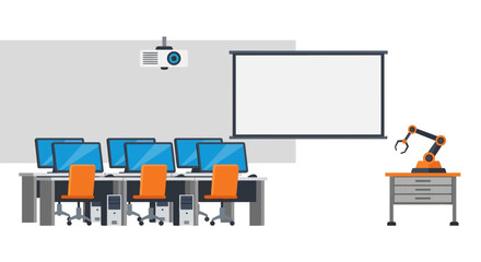 Fototapeta premium Modern STEM Computer Classroom and Robotics Lab with Projector Screen and Industrial Robotic Arm Illustration