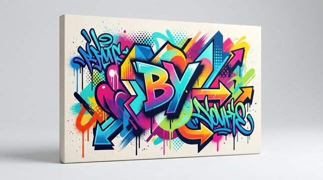 A premium art print mockup showcasing a large, unframed horizontal wrapped canvas standing in a minimalist white studio space. The artwork features an energetic, colorful street art graffiti mural wit
