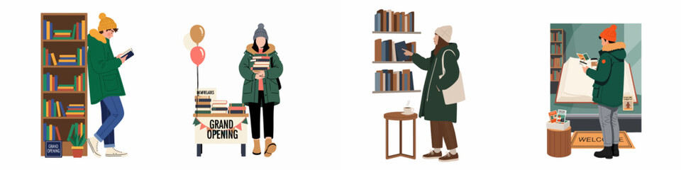 Set of vector illustrations showing diverse people in winter clothing visiting a bookstore grand opening, browsing bookshelves and reading books. © Muqodimatul