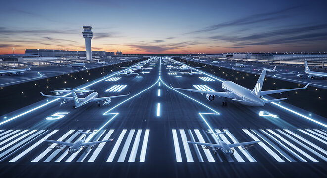 Futuristic Busy Airport Runway at Dusk with Glowing Neon Navigation Lights and Multiple Airplanes
