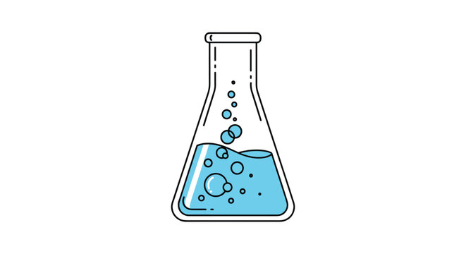 Laboratory conical flask filled with blue chemical solution featuring rising bubbles and light reflections on white background for science research.