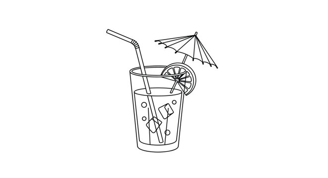 Detailed coloring page illustration of a cold summer drink in a glass with ice cubes, a drinking straw, lemon slice, and a parasol for kids activity.