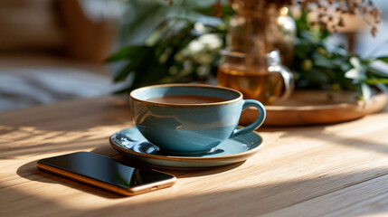 Fototapeta premium A close up of a soft smartphone rests on a bright wooden table near a calm cup of tea during a mindful digital wellness moment in soft daylight digital wellness faceless still