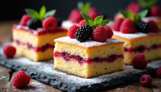 Three berry sponge cakes sit on slate plates. Layers reveal jam filling plus fresh raspberries blackberries mint leaves. Powdered sugar dusts surface creating elegant dessert display. Perfect for