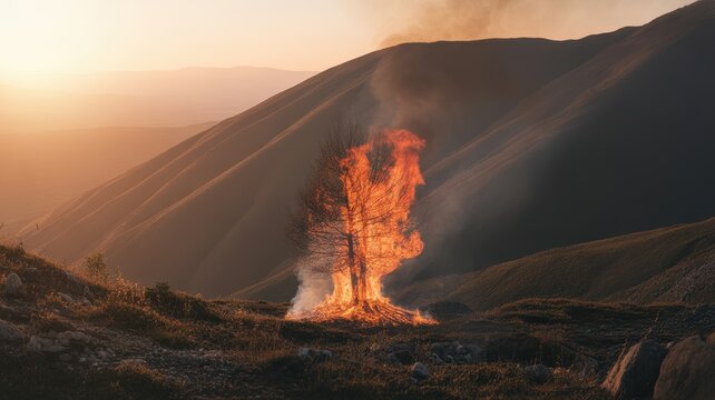 A single tree burning in a mountain landscape at sunset