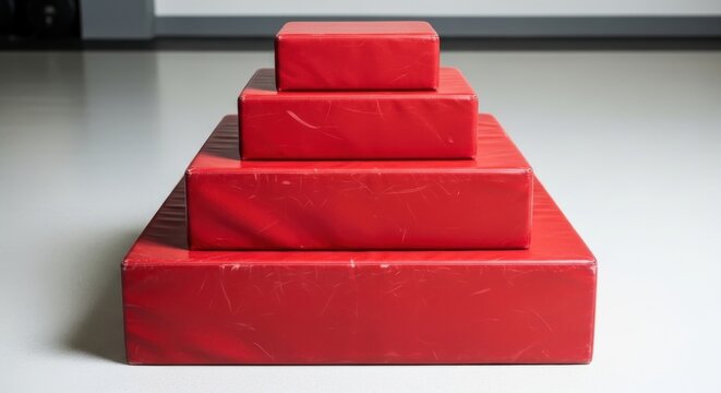 Stacked red plyometric boxes in graduated sizes for fitness training and exercise