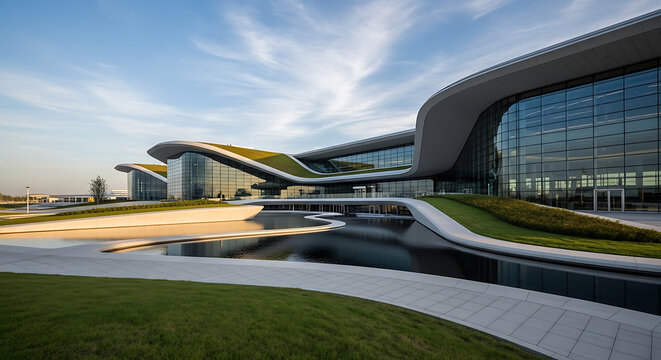 Modern Futuristic Sustainable Architecture with Curved Glass Walls and Green Roof