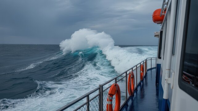 Rough seas with large waves viewed from the deck of a ferry boat