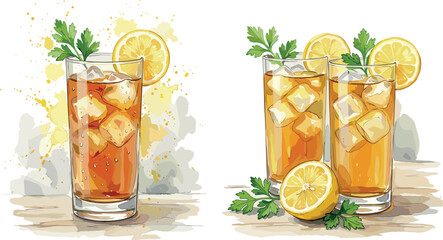 Watercolor style vector illustration set of fresh iced tea in tall glasses with ice cubes lemon slices and mint leaves isolated on white background © MstBizly