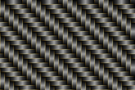 Woven pattern of interlaced metallic black and silver strips accented with thin golden edges, creates  basket-weave design with luxurious, textured appearance.
