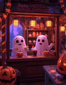 adorable ghost characters running a halloween caf&eacute;