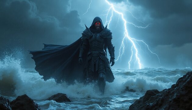 Armored figure with red eyes stands in stormy ocean waves. Lightning cracks sky overhead. Dark, powerful warlord emerges from tempestuous sea water. Malevolent presence looms on rocky shore.