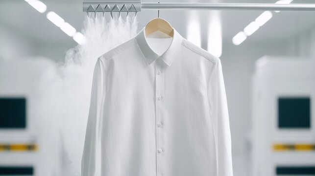White long sleeve button-down shirt hanging on wooden hanger with steam in modern laundry dry cleaning facility background