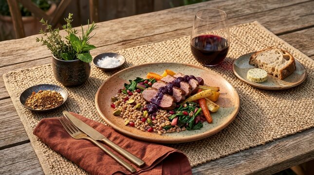 Gourmet duck breast with farro and roasted vegetables