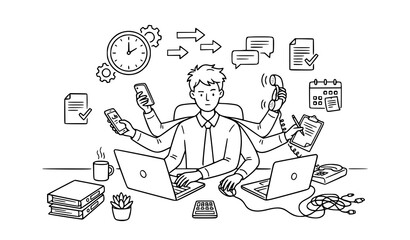 Office multitasking worker line art vector with multiple computers isolated on white © MdShohagAhammad