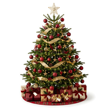 Majestic christmas tree decorated with golden ribbons and red ornaments on plaid skirt isolated backdrop.