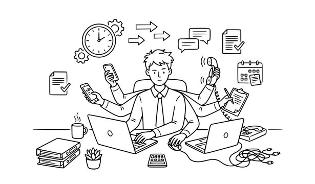 Office multitasking worker line art vector with multiple computers isolated on white